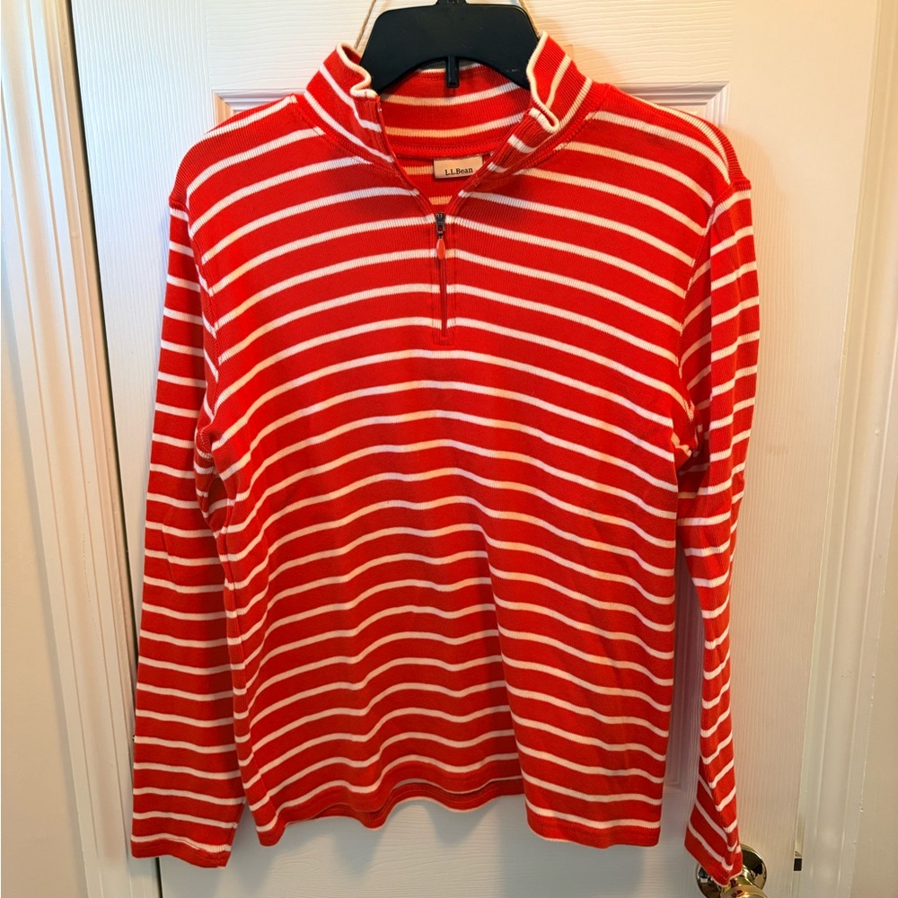 L.L. Bean Orange and White Striped 3/4 Zip Top